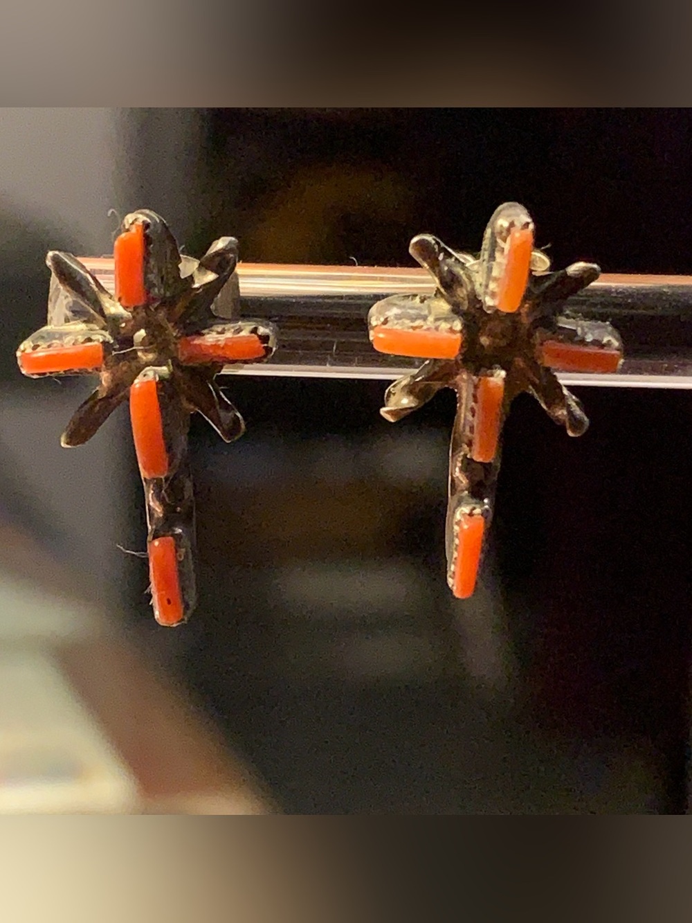 Vintage Zuni Petit Point Coral Cross Earrings